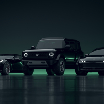 Product CGI - Three vehicles, including a sports car and an SUV, are lined up side by side against a dark green background. The designs are sleek and modern, featuring distinctive green lighting accents.